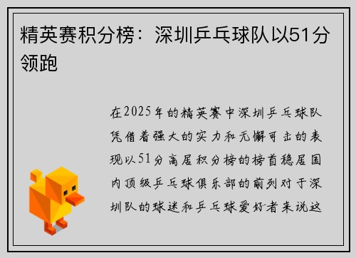 精英赛积分榜：深圳乒乓球队以51分领跑