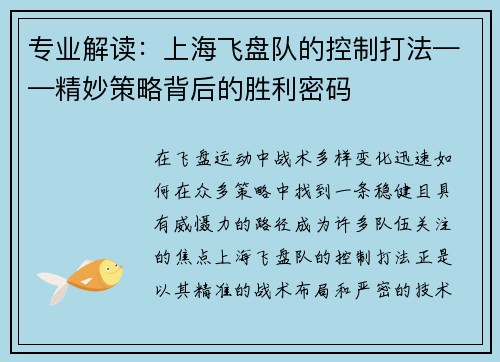 专业解读：上海飞盘队的控制打法——精妙策略背后的胜利密码