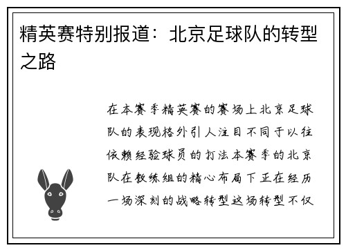 精英赛特别报道：北京足球队的转型之路