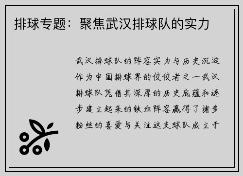 排球专题：聚焦武汉排球队的实力