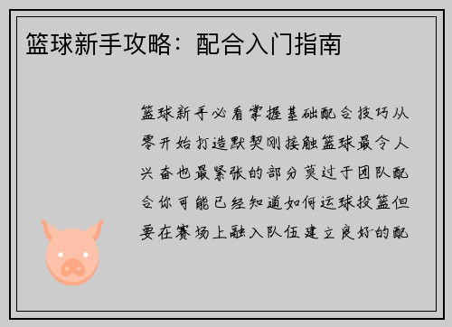 篮球新手攻略：配合入门指南